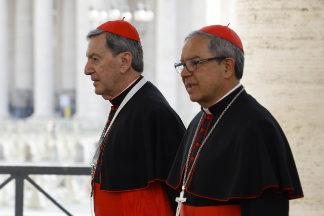 살라자르 고메즈(왼쪽) 추기경과 루이스 호세 루에다 아파리치오 추기경이 6일(현지시간) 콘클라베 참석을 위해 바티칸 시티로 향하고 있다. 로마(이탈리아) EPA=연합뉴스